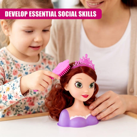 Red wig doll head with purple crown being brushed by a young child's hand.