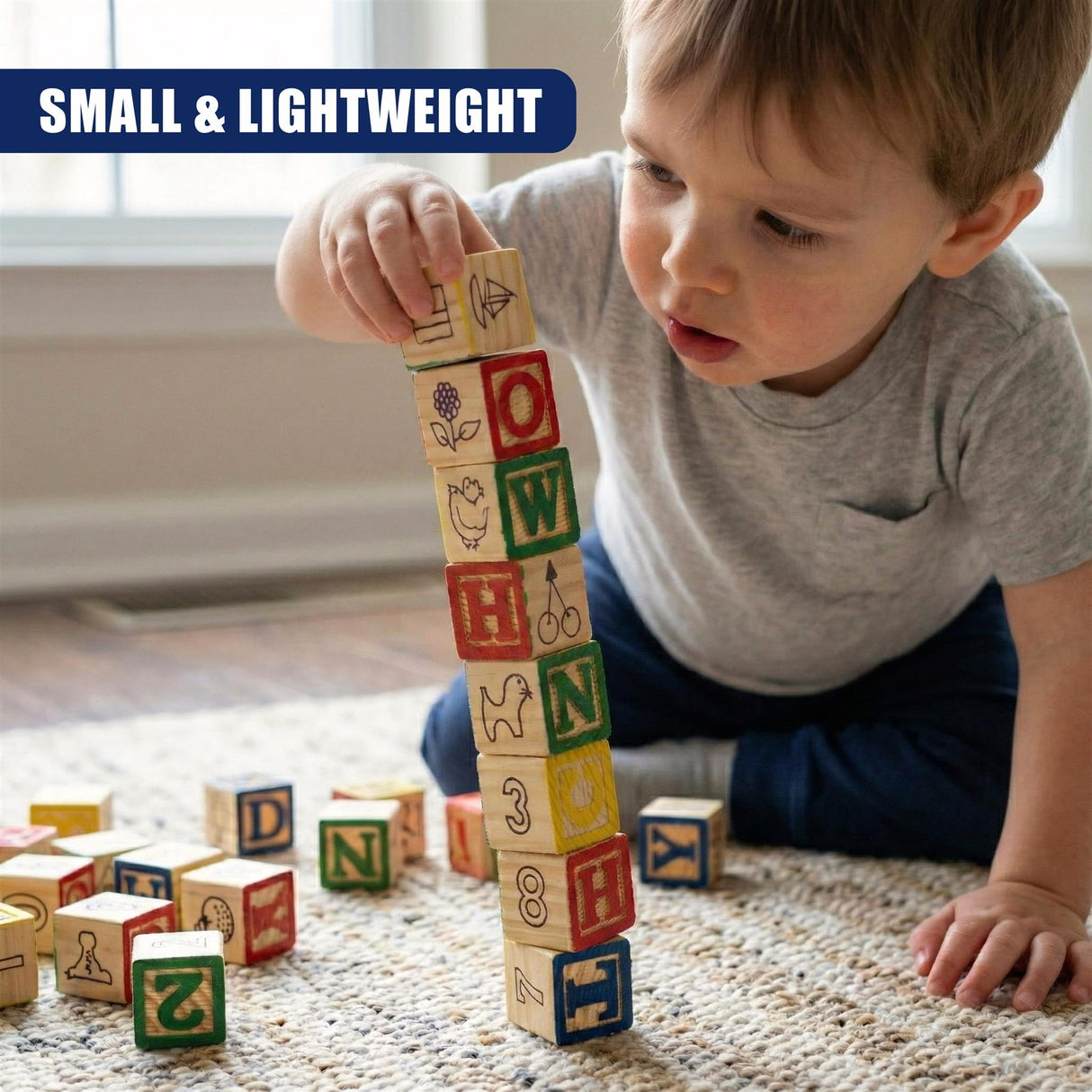 A child stacks wooden blocks that display capital letters, including A, O, W, N, and D, on a carpet.