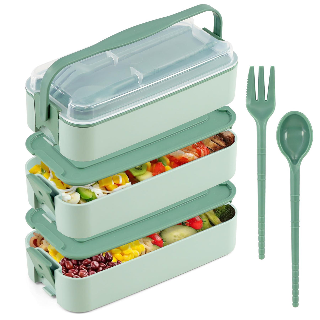 A green three tiered lunchbox with food inside.