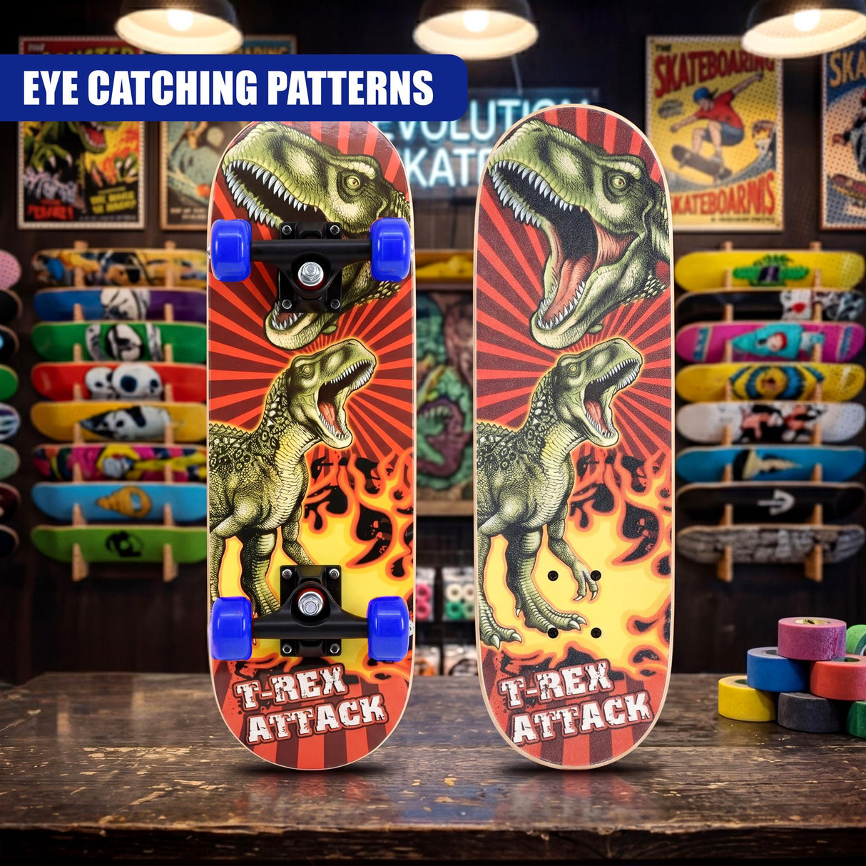 Two skateboard decks featuring a t-rex graphic and fire design, mounted with blue hardware.