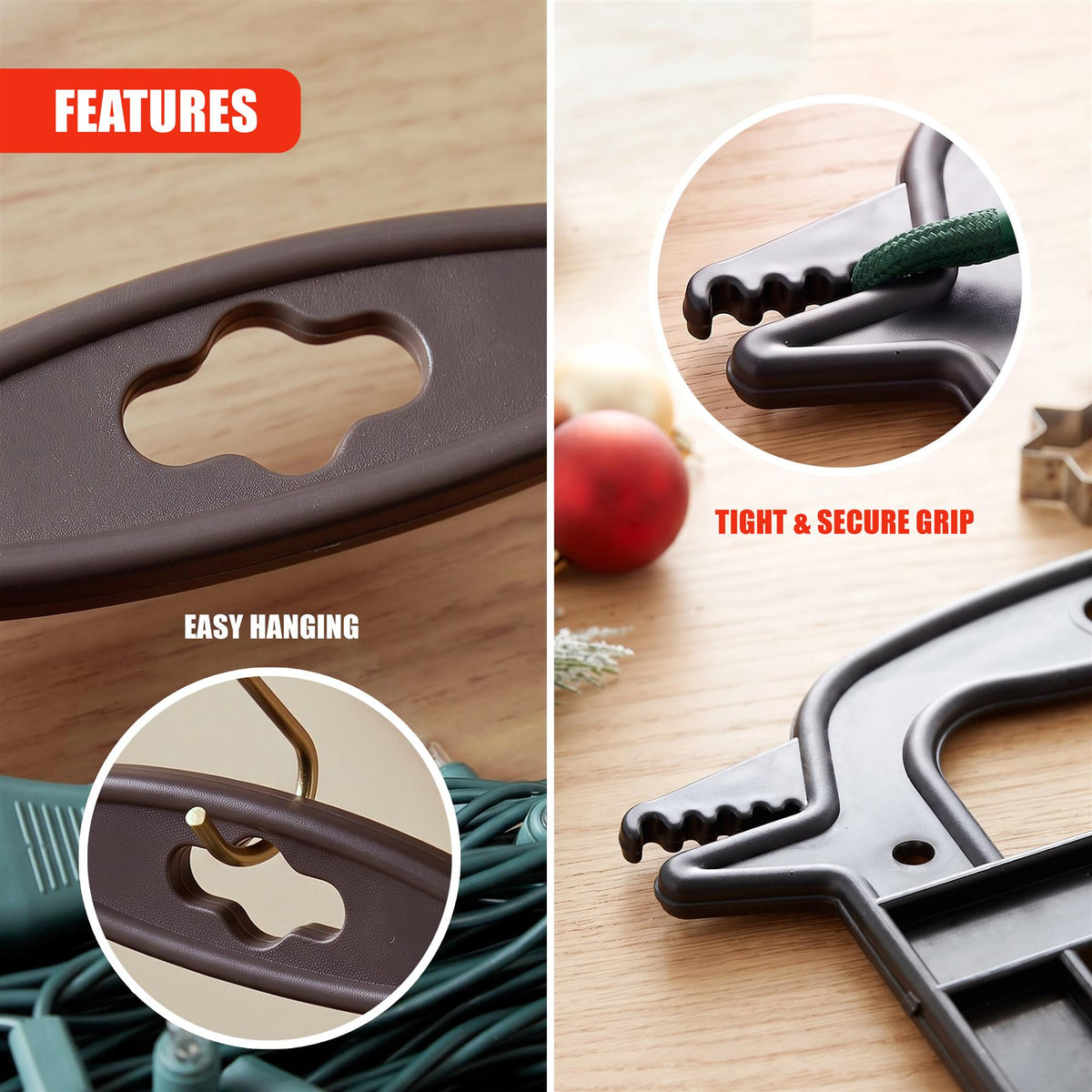Christmas Light Reel Storage showing brown plastic reel with hanging hole and cable grip feature