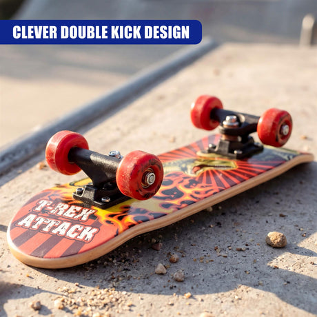 A red and black "T-REX ATTACK" skateboard deck rests on concrete with red wheels.