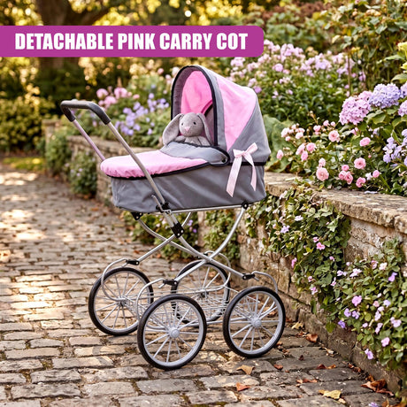 A gray and pink doll's prams with four wheels and a baby figure inside.