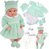 Assortment of mint green and pastel doll clothing, including dresses, tops, pants, socks, and hat.