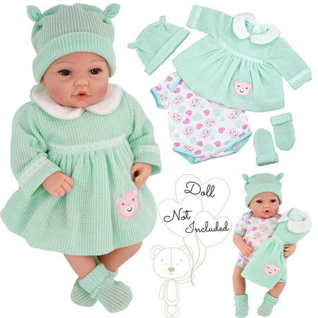 Assortment of mint green and pastel doll clothing, including dresses, tops, pants, socks, and hat.