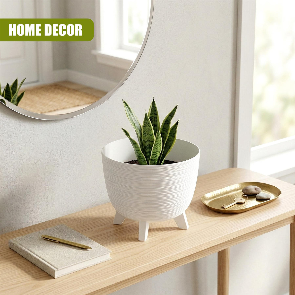 Three-legged white planter holding a vibrant green snake plant on a wooden surface.