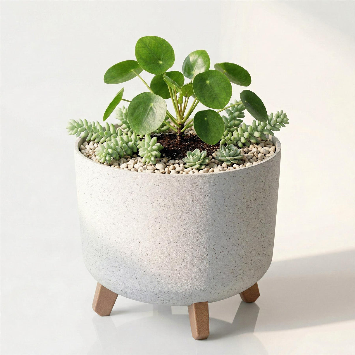 Light gray planter pot with three wooden legs, holding mixed succulents and green foliage.