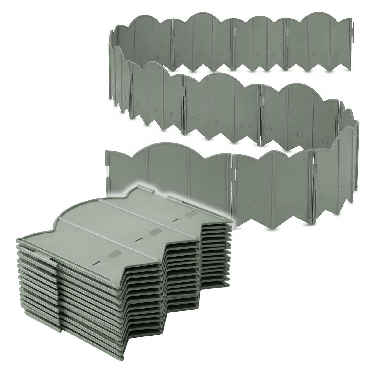 Stacked and laid out green plastic sections forming curved garden edging panels.