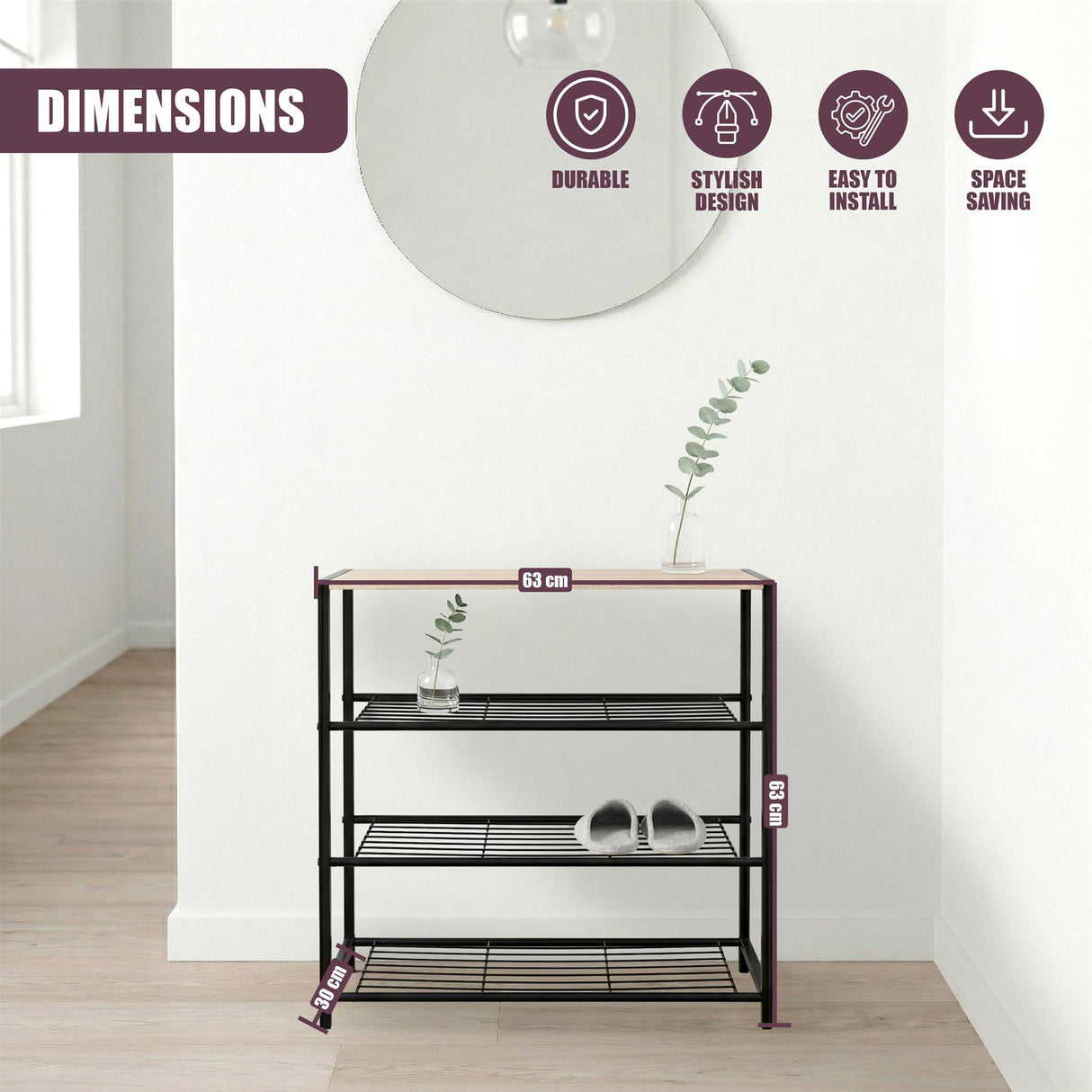 Three-tiered black shoe rack with horizontal shelves for storing and displaying footwear.