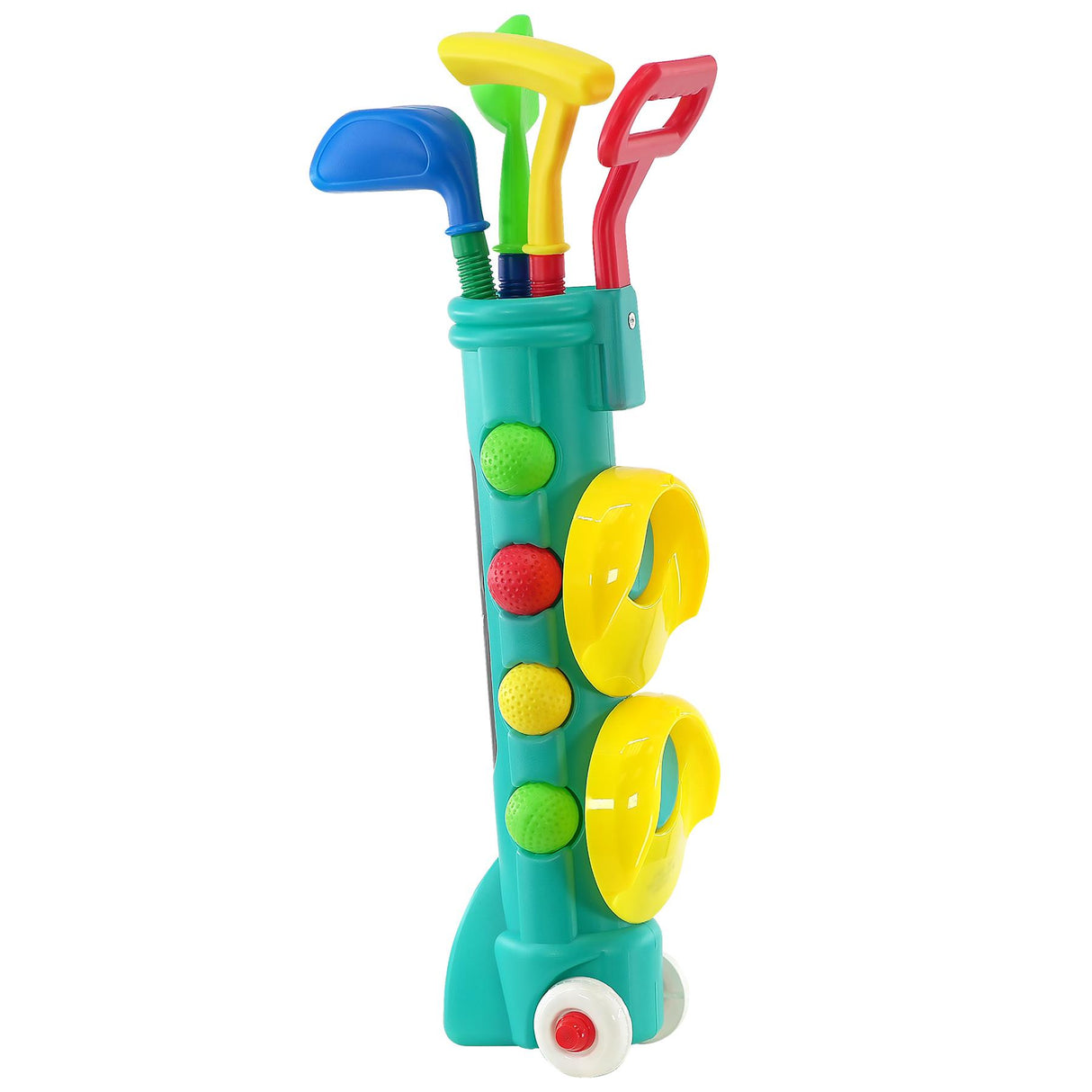 Teal plastic golf playset featuring multiple colored clubs and yellow targets.