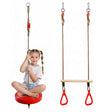 Swing set includes a red seat, chains, and a wooden trapeze bar for hanging activities.