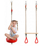 Swing set includes a red seat, chains, and a wooden trapeze bar for hanging activities.