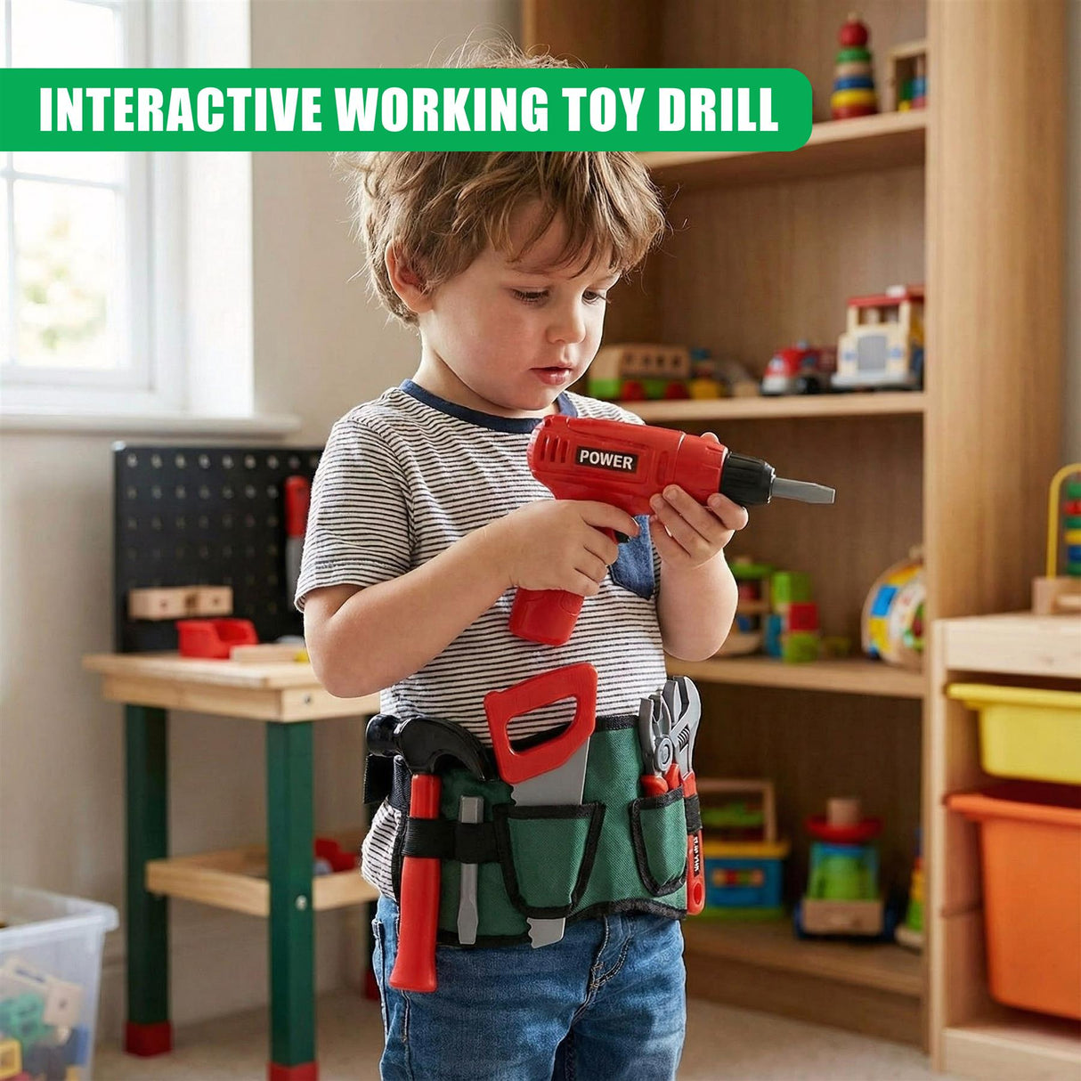 A young boy in a playroom, holding a toy drill and wearing a toy tool belt. The child is standing in front of a wooden workbench with various toys and toys on shelves in the background. - UKBuyZone