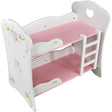 A small white bunk bed with pink steps and a ladder, featuring pink rails and green trim accents on a floral patterned background. - UKBuyZone