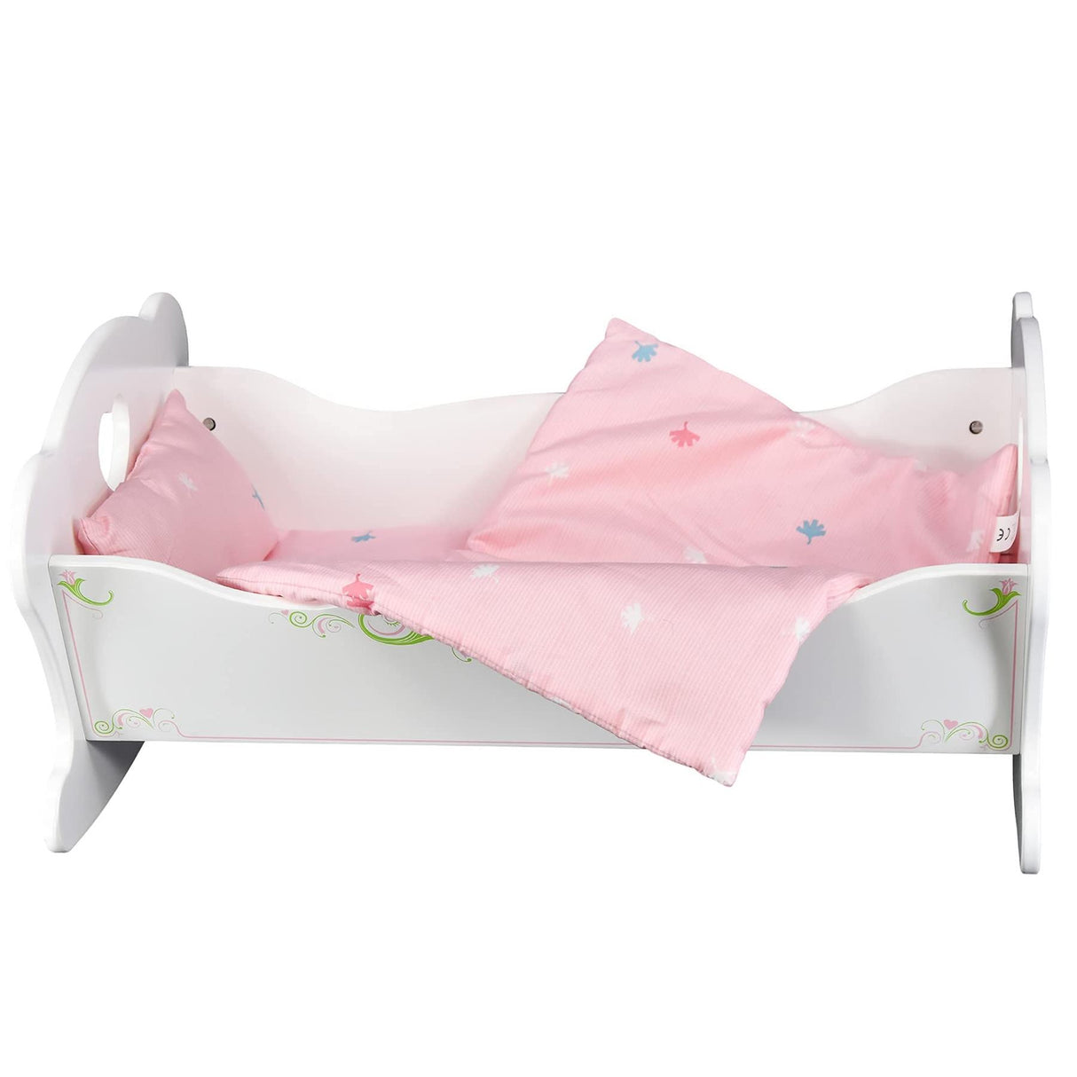 A white wooden doll cradle is shown with pink patterned bedding, pillows, and a sheet.
