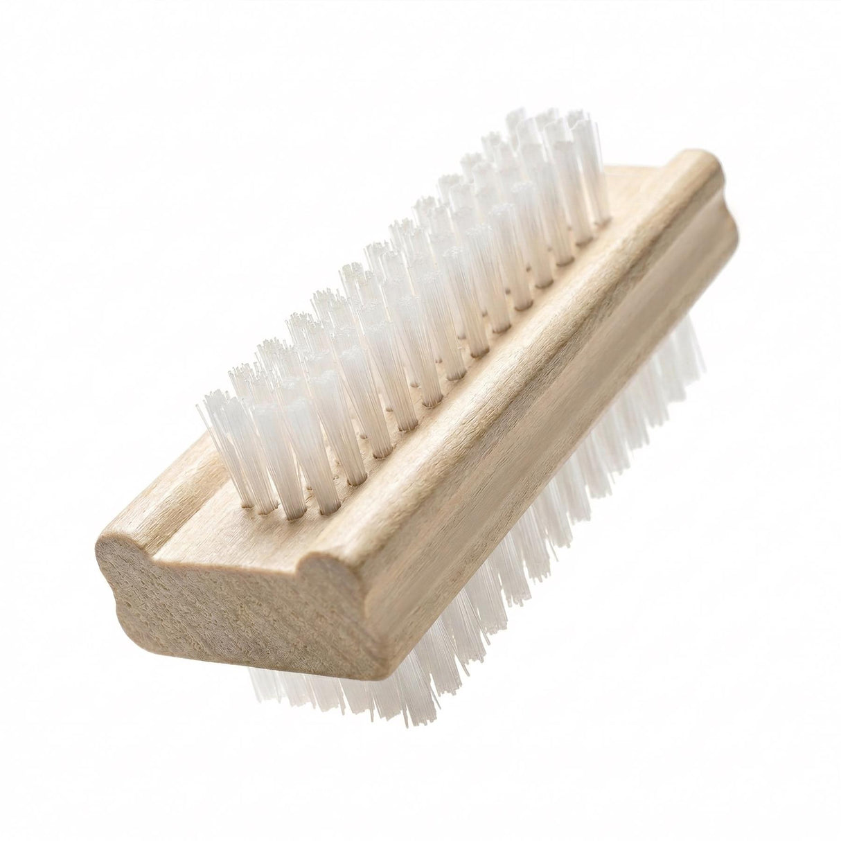 Wooden nail brush featuring bristles attached to a light wooden base on both sides.