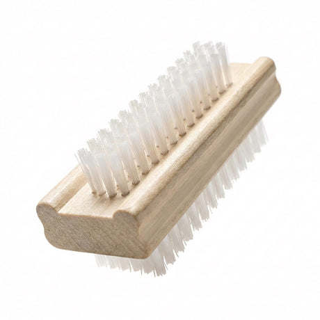 Wooden nail brush featuring bristles attached to a light wooden base on both sides.