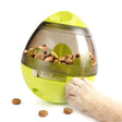 Lime green dog treat dispenser filled with kibble, shown with a paw resting nearby.
