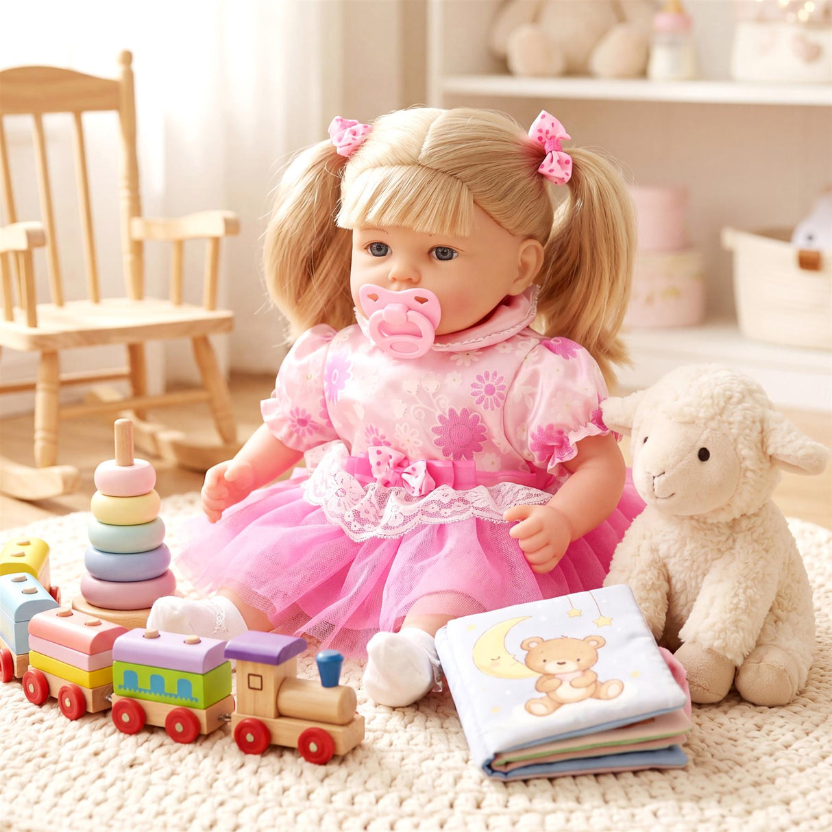 Blonde doll wearing a pink dress sits with a toy train set, blocks, and plush animal toys.