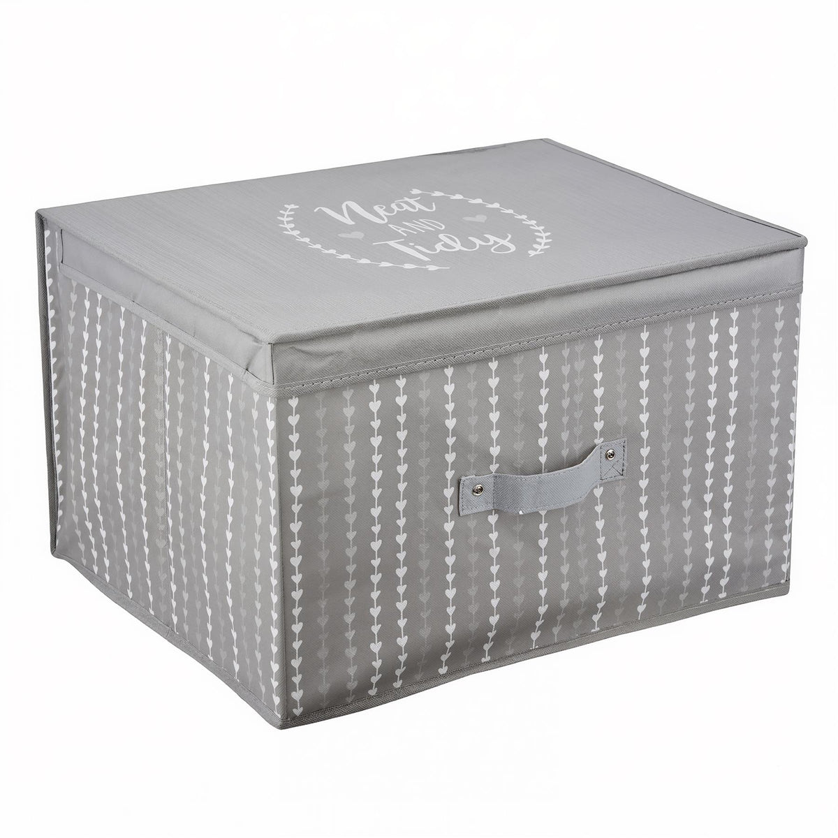 A gray fabric storage box with a heart pattern and "Neat and Tidy" on the lid