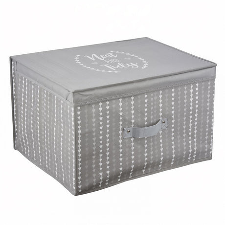 A gray fabric storage box with a heart pattern and "Neat and Tidy" on the lid