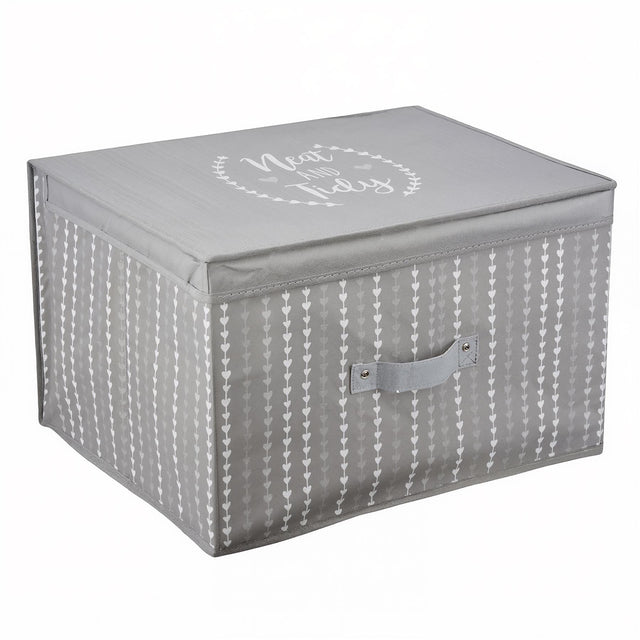 A gray fabric storage box with a heart pattern and "Neat and Tidy" on the lid