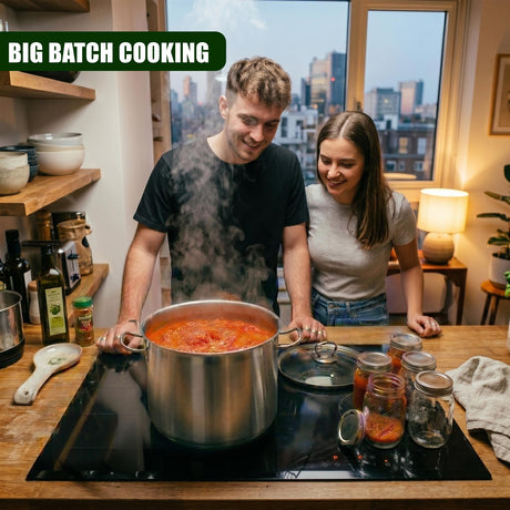 Man and woman cook in a large stainless steel stock pot containing simmering liquid on a stove.