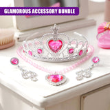 Silver and pink rhinestone tiara, heart pendant necklace, and matching cluster earrings display set.