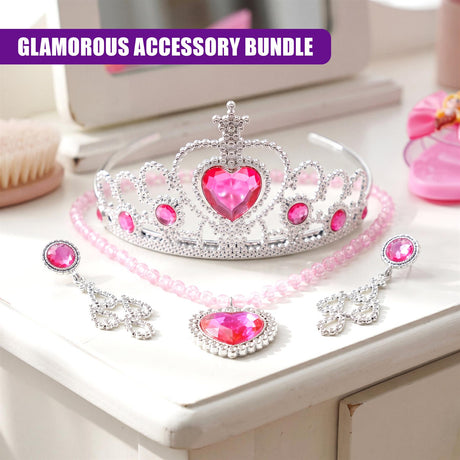 Silver and pink rhinestone tiara, heart pendant necklace, and matching cluster earrings display set.