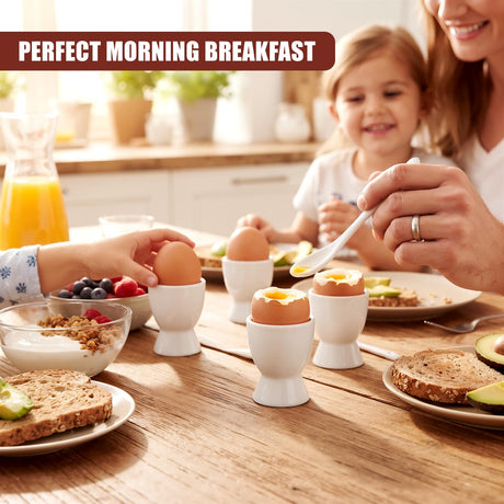 A family enjoys breakfast at a wooden table featuring a set of four white ceramic egg cups with spoons, alongside plates of