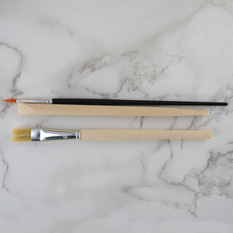 Two excavation tools, including a probe and a paintbrush, rest on a marbled surface.