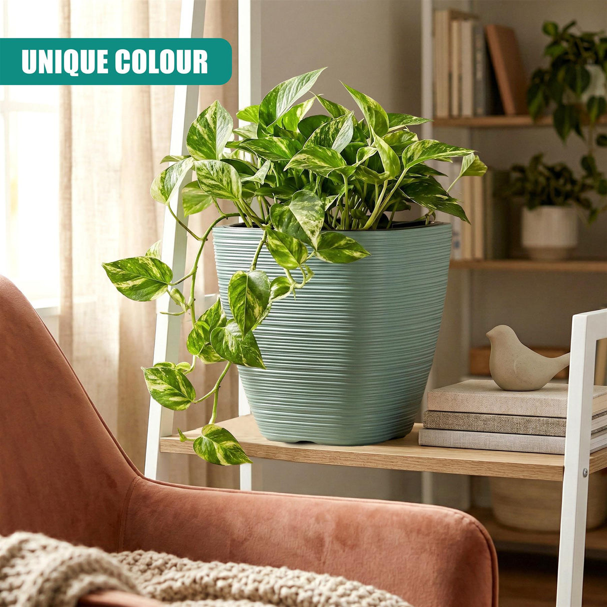 Teal flower pot with vertical ridges contains vibrant green foliage displayed on a wooden shelf.