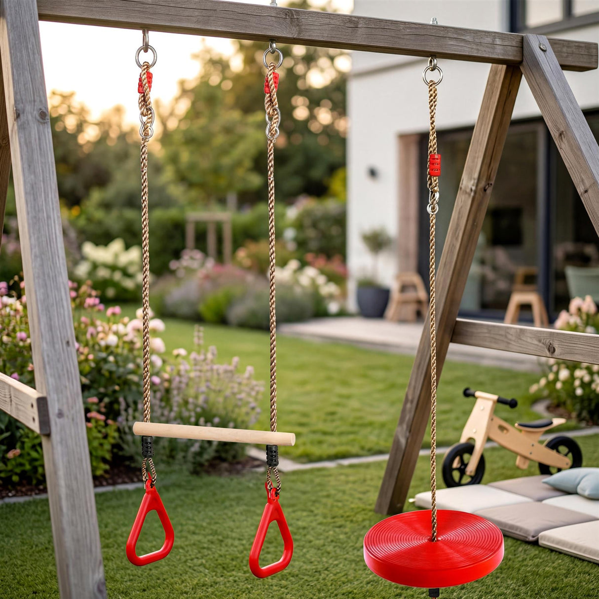 Wooden swing set features two hanging swings and a red circular swing seat in a garden.