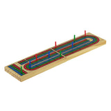 Wooden cribbage board game featuring scoring tracks, colored pegs, and smooth wooden construction.