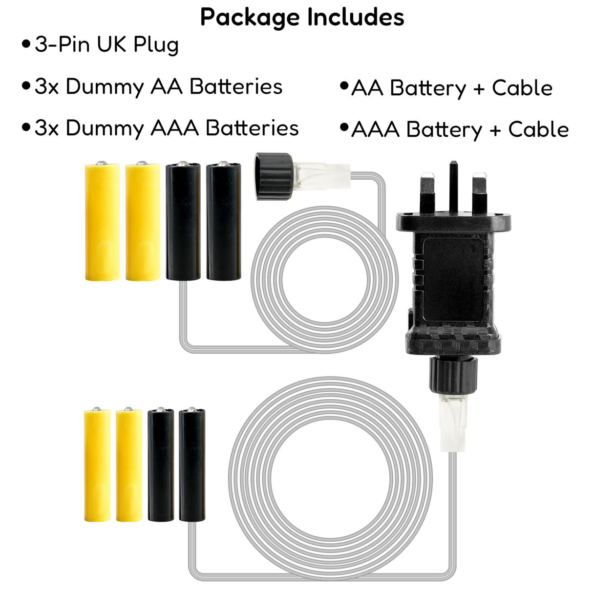 Product image showing a package that includes a 3-pin UK plug, three dummy AA batteries in black and yellow, three dummy AAA batteries, an AA battery with a cable, and an AAA battery with a cable. Ideal for decorations and electronic devices. Available at ukbuyzone.