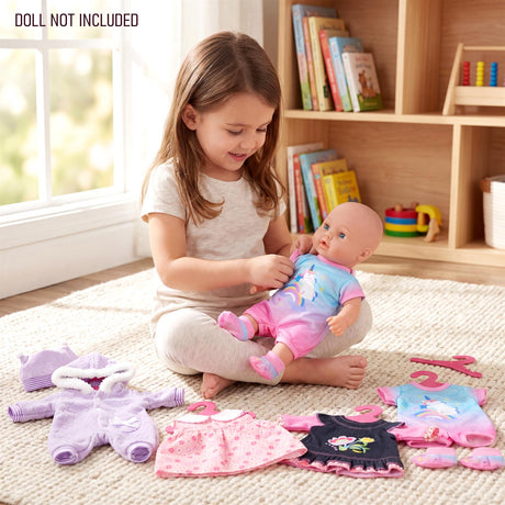 Set of six doll clothes, including pants, skirts, and tops, arranged on a light rug.