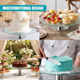 Multi-level glass cake stand holding various desserts, pastries, and stacked baked goods.