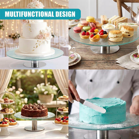 Multi-level glass cake stand holding various desserts, pastries, and stacked baked goods.