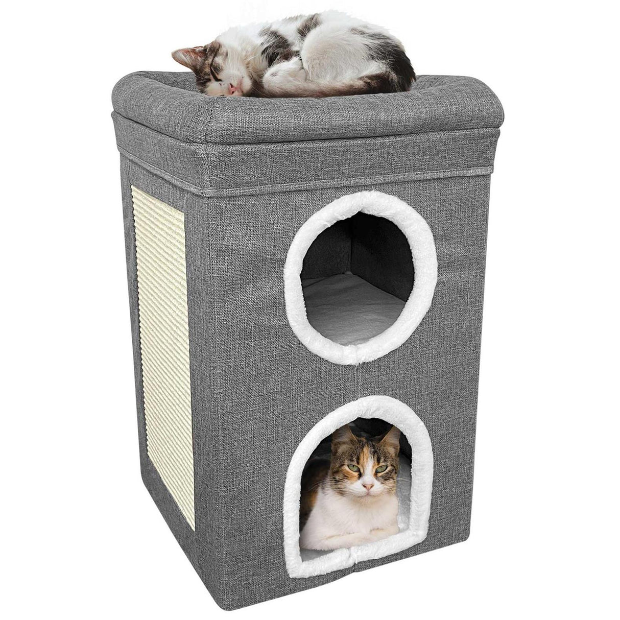 Foldable pet house with cushion and cat inside, gray with white trim, sitting on a surface, showcasing its use as a comfortable resting spot for pets. - UKBuyZone