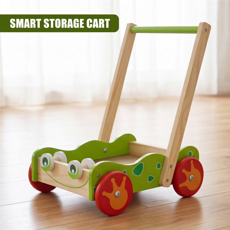 Green and natural wood baby walker toy with large wheels, standing on a polished hardwood floor.