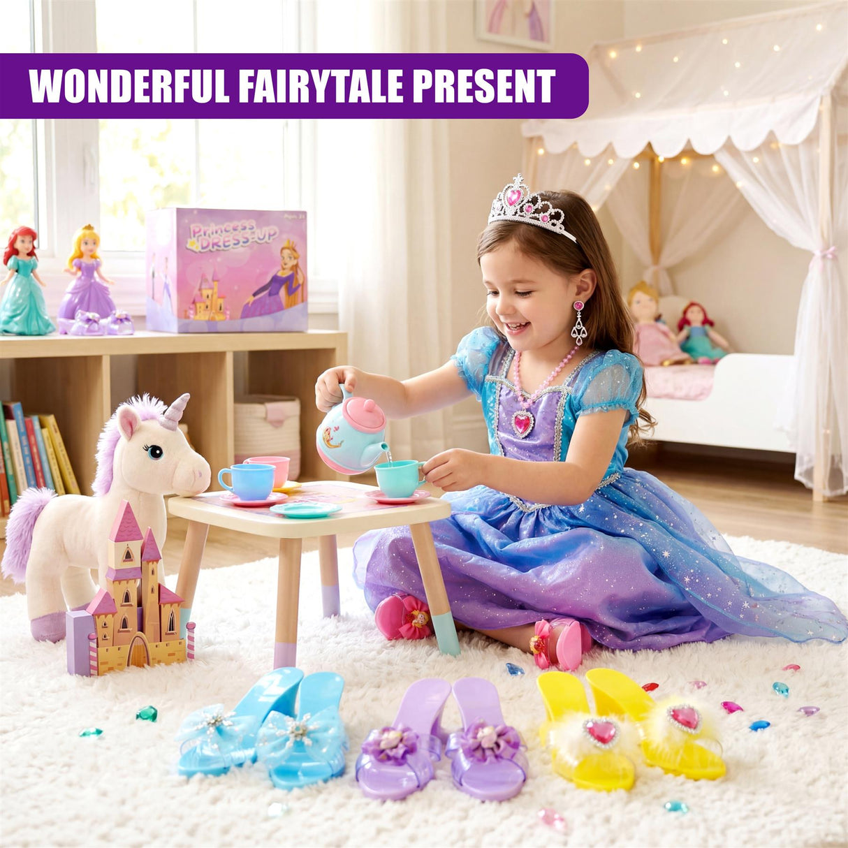 Several colorful play shoes and small jewelry pieces are grouped on a soft rug.