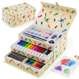 Wooden art set with nested sections holding paints, crayons, brushes, and a watercolor paper sheet.