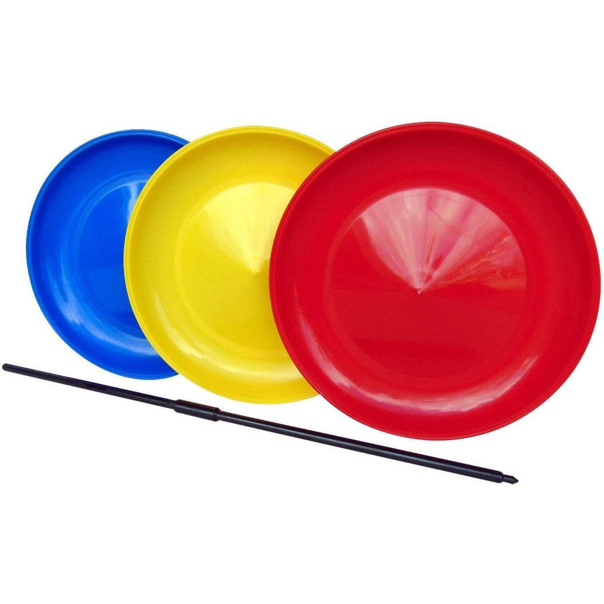 A set of three colorful, plastic plates with a long, thin, black stick in the foreground. - UKBuyZone
