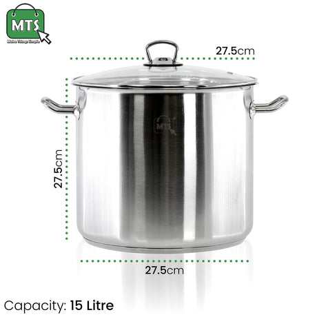 "A stainless steel pot with a glass lid, 15 liter capacity, measuring 27cm in height and 48cm in diameter." - UKBuyZone