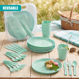 Assorted mint green plates, bowls, cups, and cutlery are arranged on wood, displayed next to a storage case.
