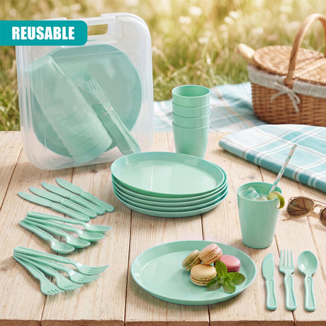 Assorted mint green plates, bowls, cups, and cutlery are arranged on wood, displayed next to a storage case.