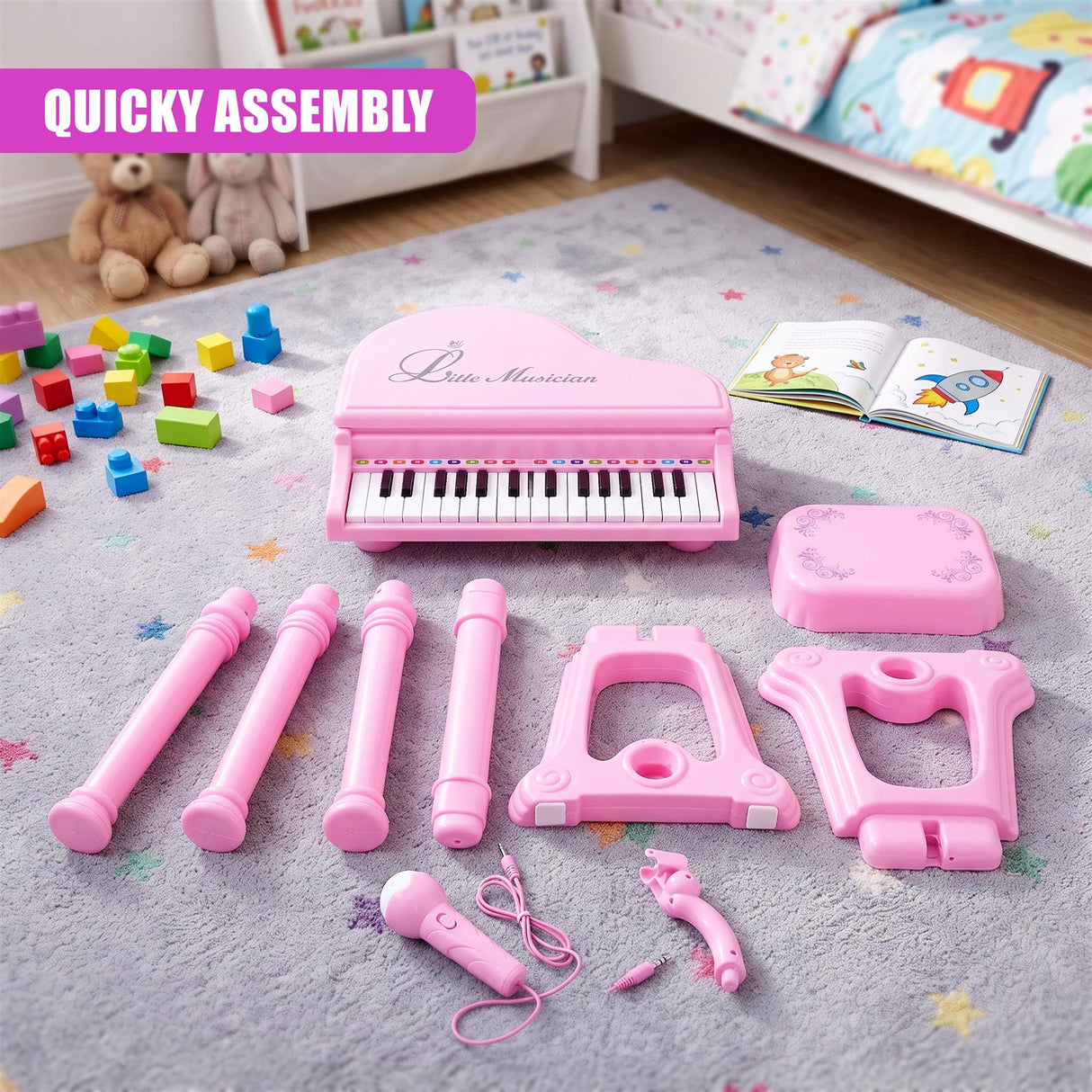 Pink Electronic Piano With Microphone and Stool