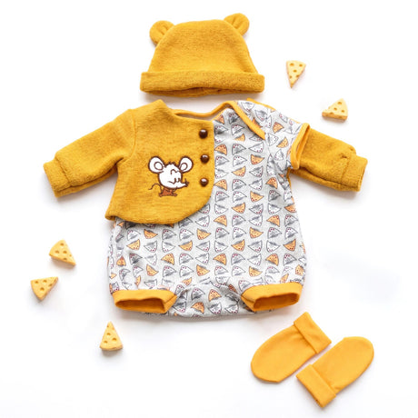 Yellow mouse-themed doll outfit set includes hat, patterned bodysuit, and matching booties.