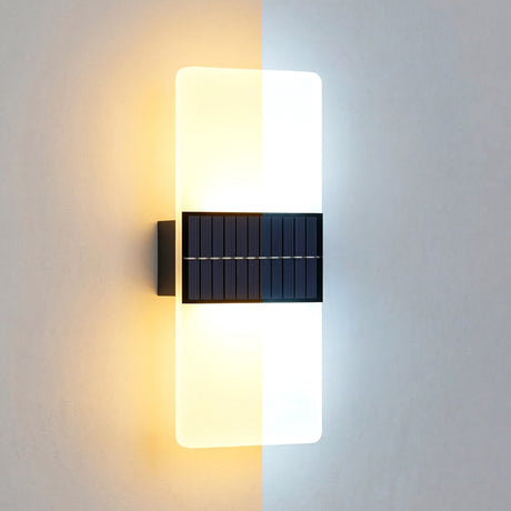 Horizontal wall light featuring illuminated acrylic panels and a dark rectangular accent module.