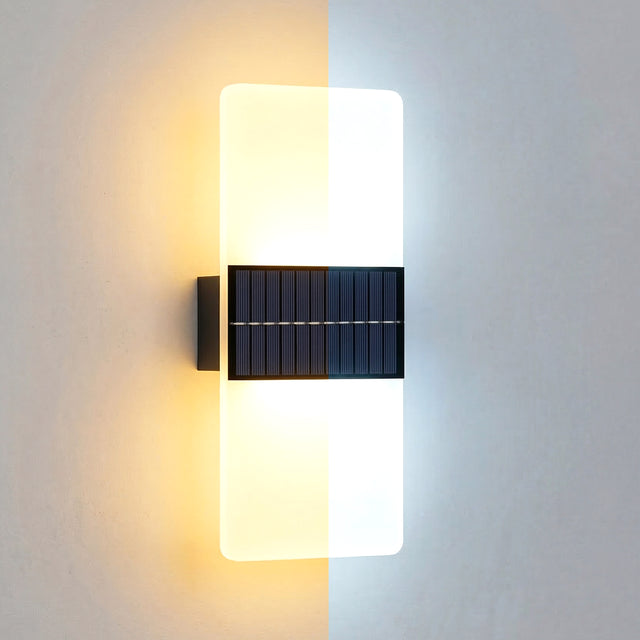 Horizontal wall light featuring illuminated acrylic panels and a dark rectangular accent module.